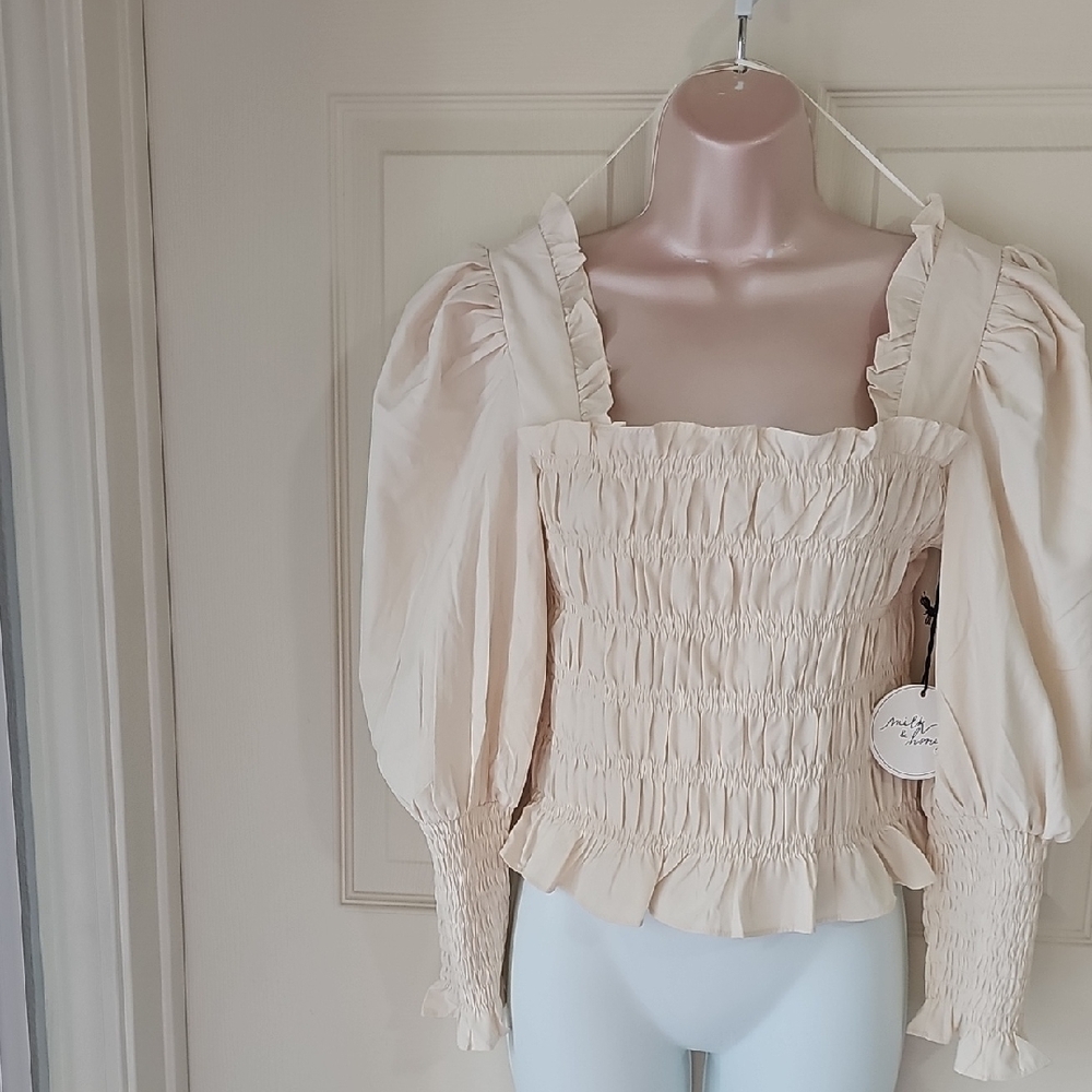 Chic Cream Smocked Blouse with Puffed Sleeves